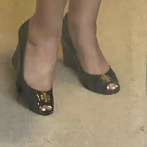 Tory Burch Black Patent Peep-Toe Wedge Pumps with Gold Logo